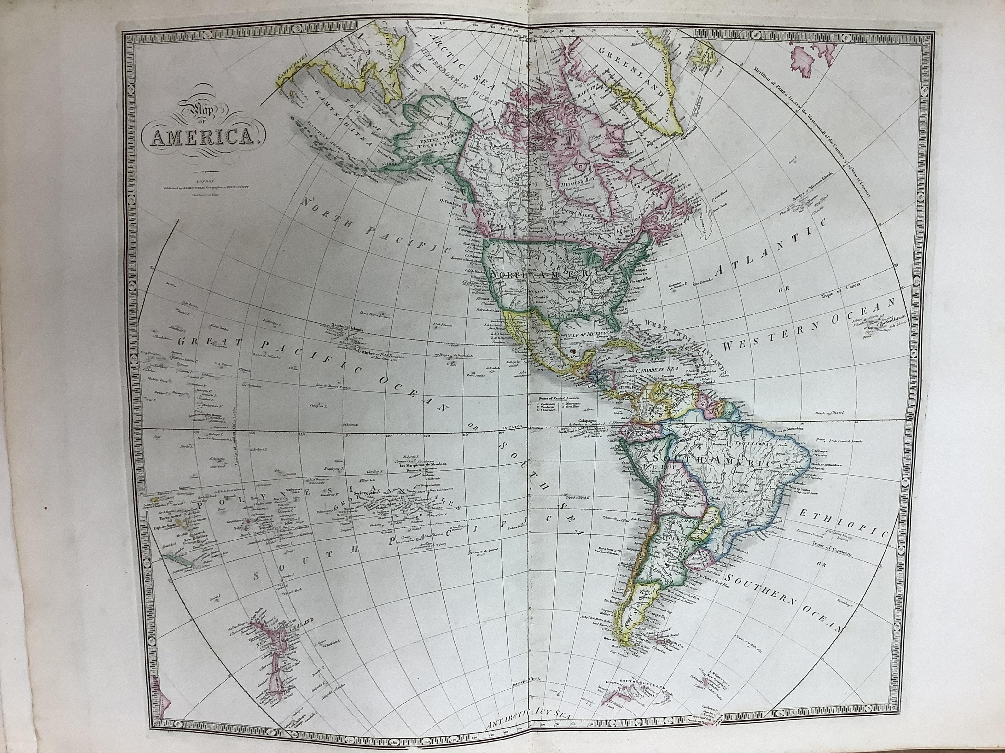 Wyld, James - A New General Atlas of Modern Geography ... including the latest geographical and nautical discoveries. 44 maps with generous outline hand colouring, within calibrated borders and with engraved titles (some